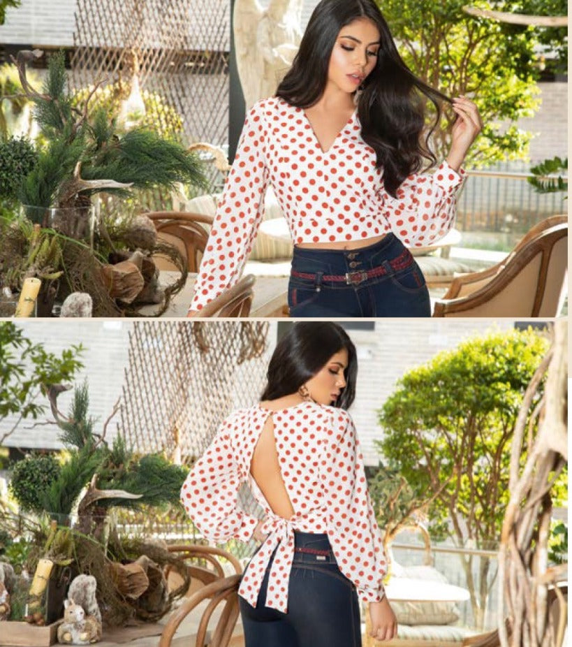 Blusa Manga Larga Mujer Blanco Rojo G-109