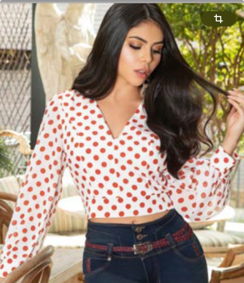 Blusa Manga Larga Mujer Blanco Rojo G-109