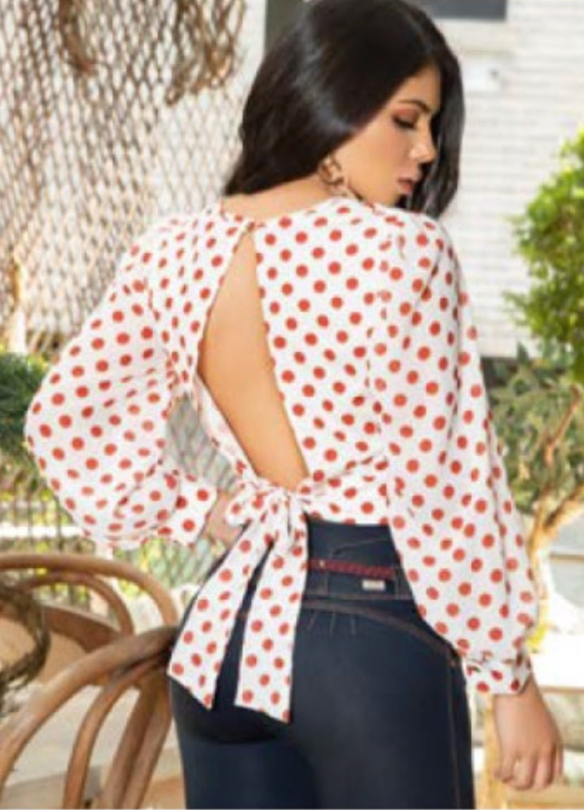 Blusa Manga Larga Mujer Blanco Rojo G-109